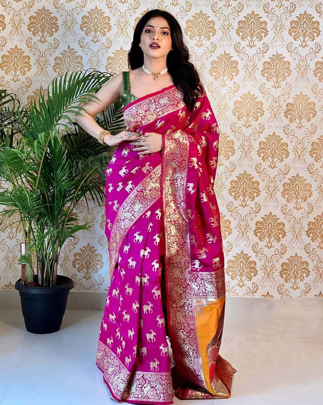-1117Wx1400H-466321331-wine-MODEL Soft Silk Banarasi Saree with Contrast Border - Image 1
