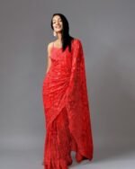 Embroidered Saree with Scalloped Border - Image 7